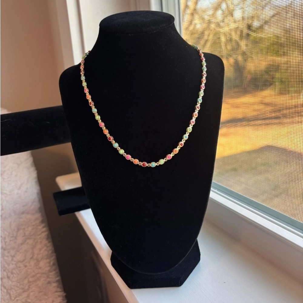 Gold Plated Rainbow Beaded Station Necklace Colorful Dainty Chain NWT - Picture 3 of 10